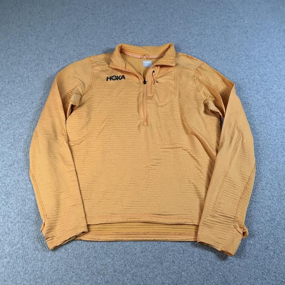 Hoka One One Pullover Womens Medium Orange 1/4 Zip Grid Fleece Run Thumb Holes
